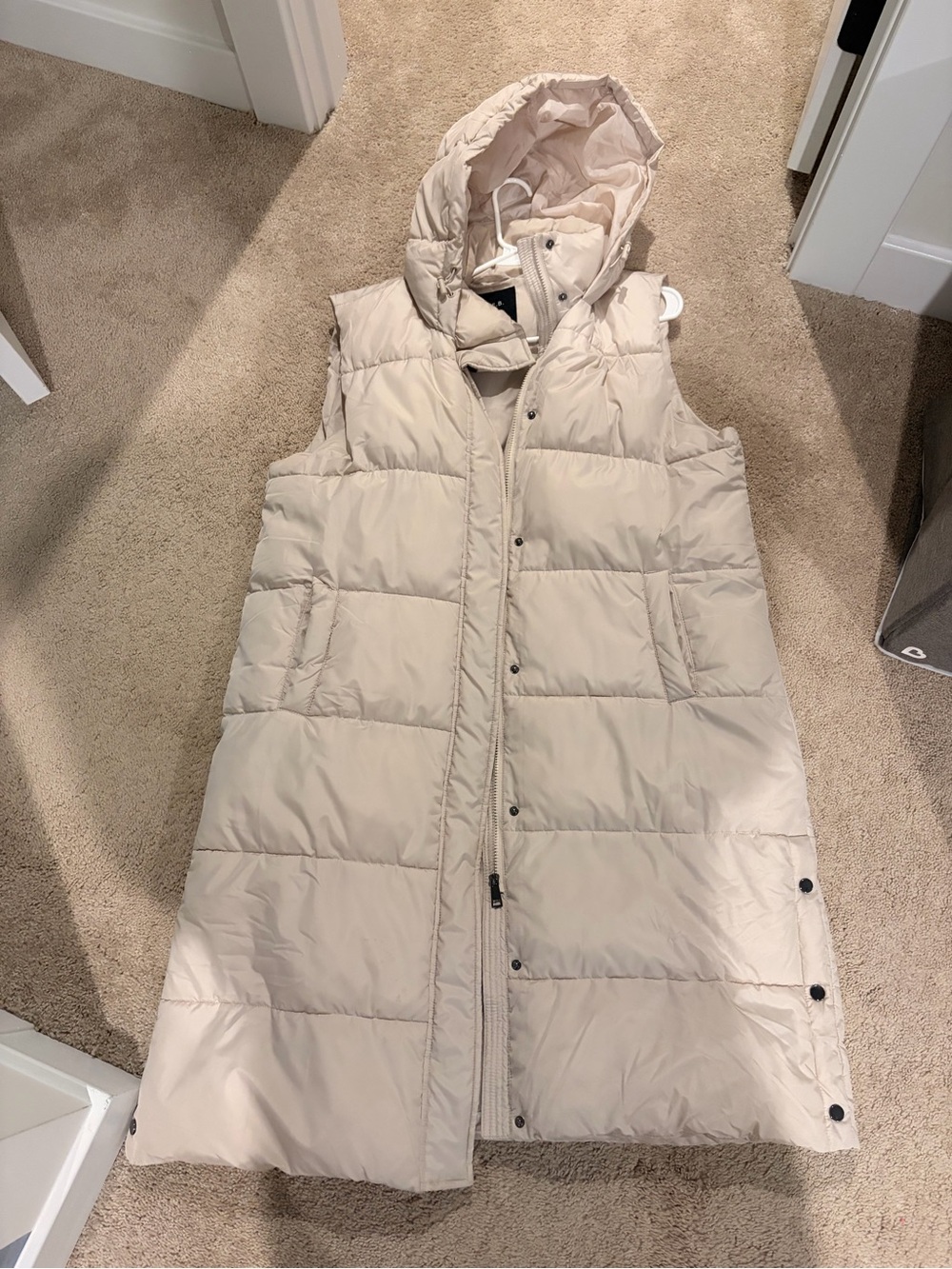 Sebby Long Hooded Quilted Puffer Vest - Cream